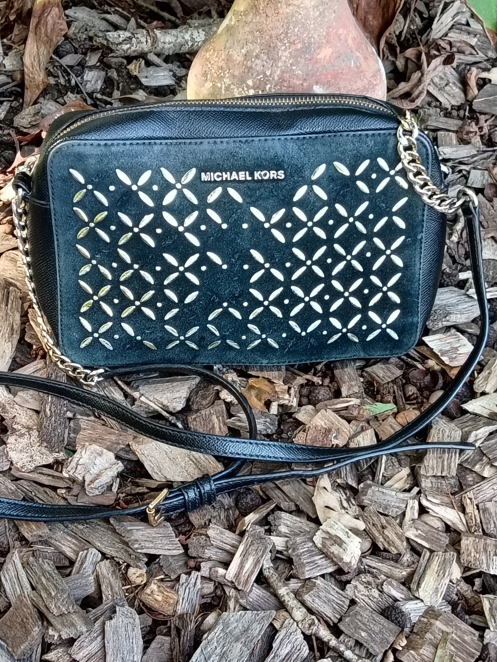 Michael Kors Black Suede Crossbody with Gold Studs
